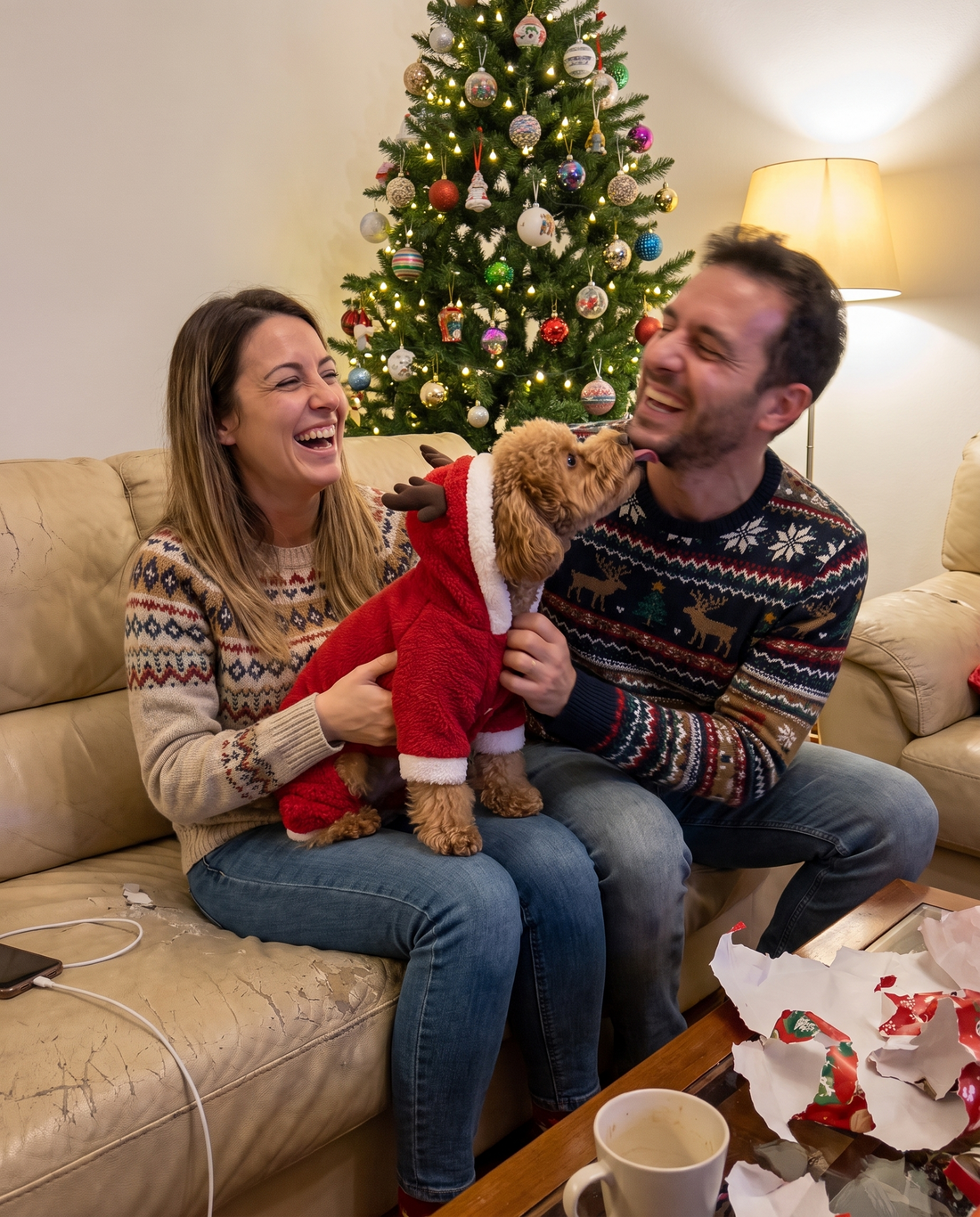 Coppia sul divano a Natale, il barboncino con la tutina da renna lecca il mento di lui