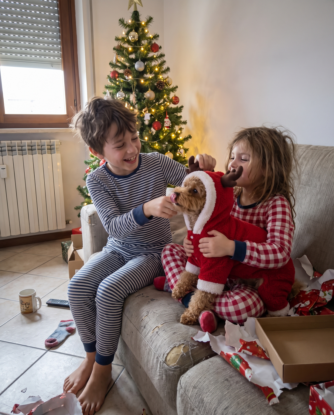 Mattina di Natale, due bambini sul divano con il cane vestito da renna