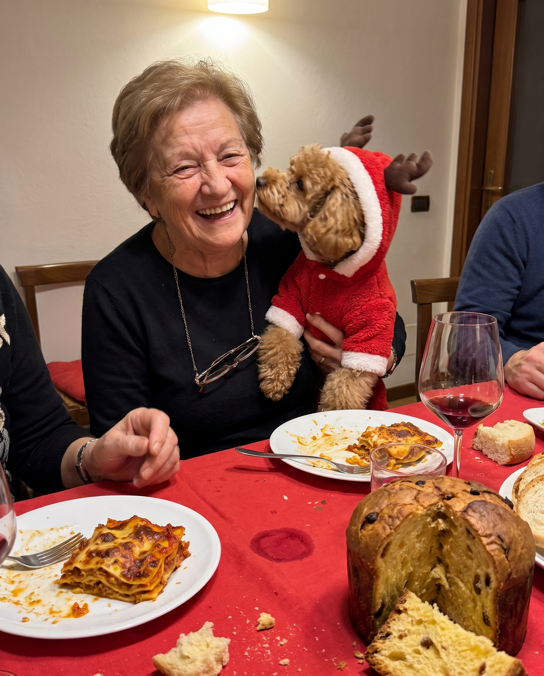 Pranzo di Natale dai nonni, il cane con la tutina da renna in braccio alla nonna